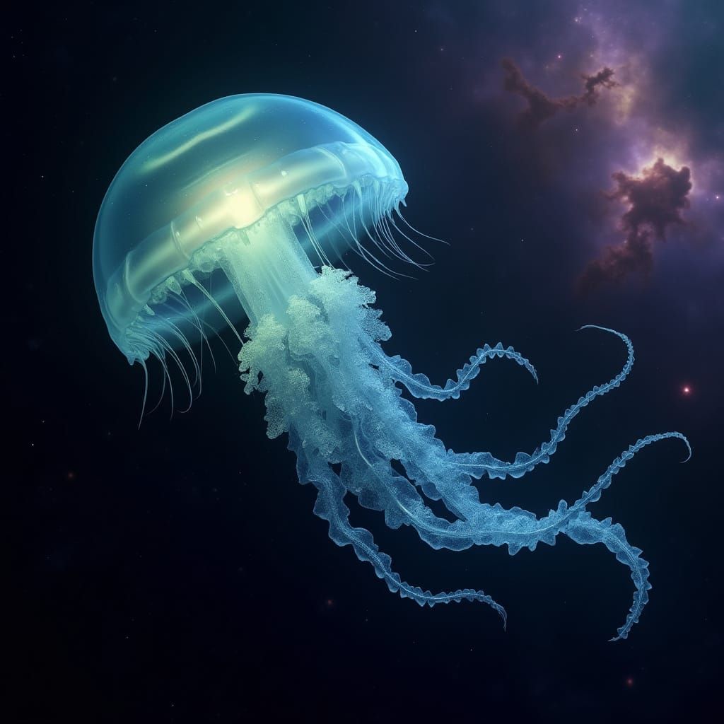 Surreal Bioluminescent Jellyfish Dances in Cosmic Darkness