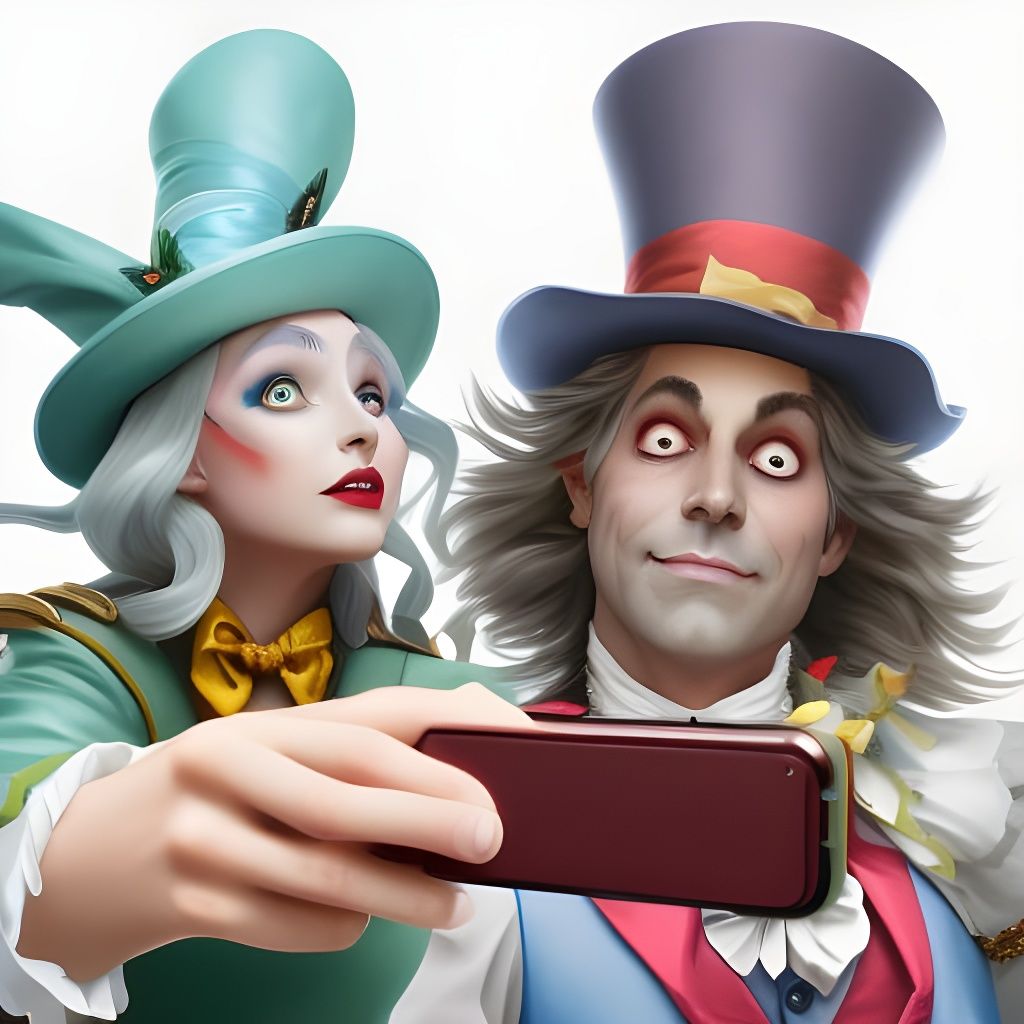 Alice and Hatter Selfie: Alphonse Mucha-Inspired Art