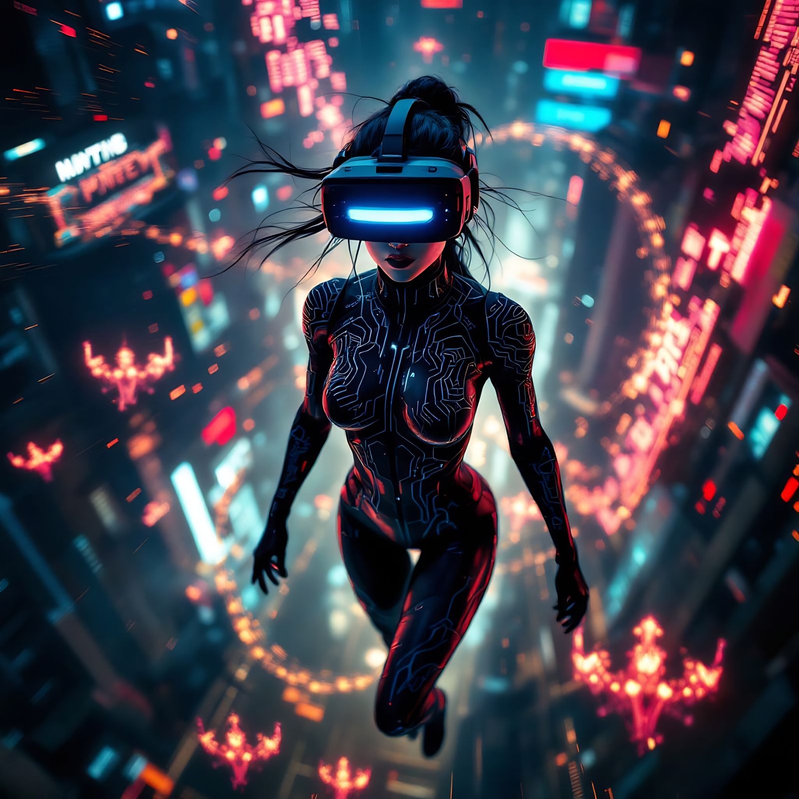 VR-Punk Girl in Glitching Virtual Reality Environment