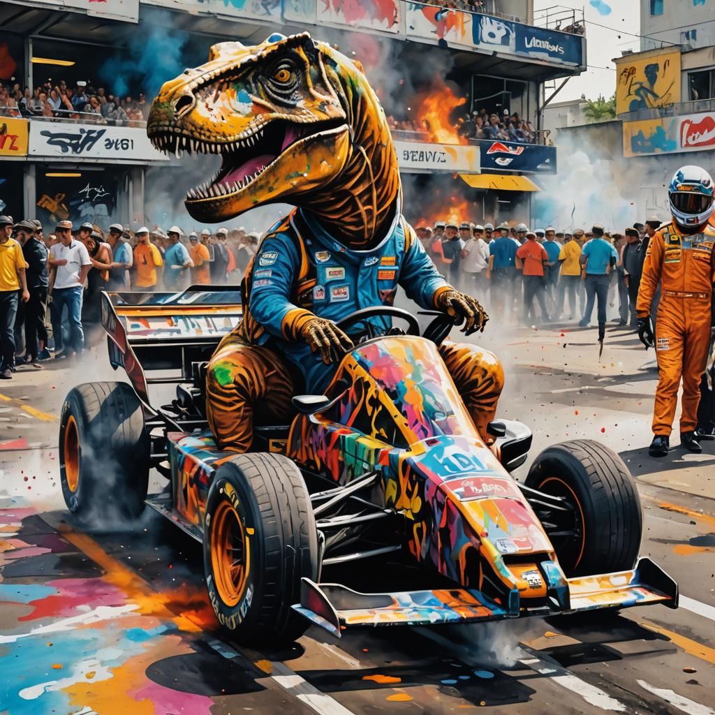 T-Rex is a formula 1 driver! 🏎🦖 (vibrant style)