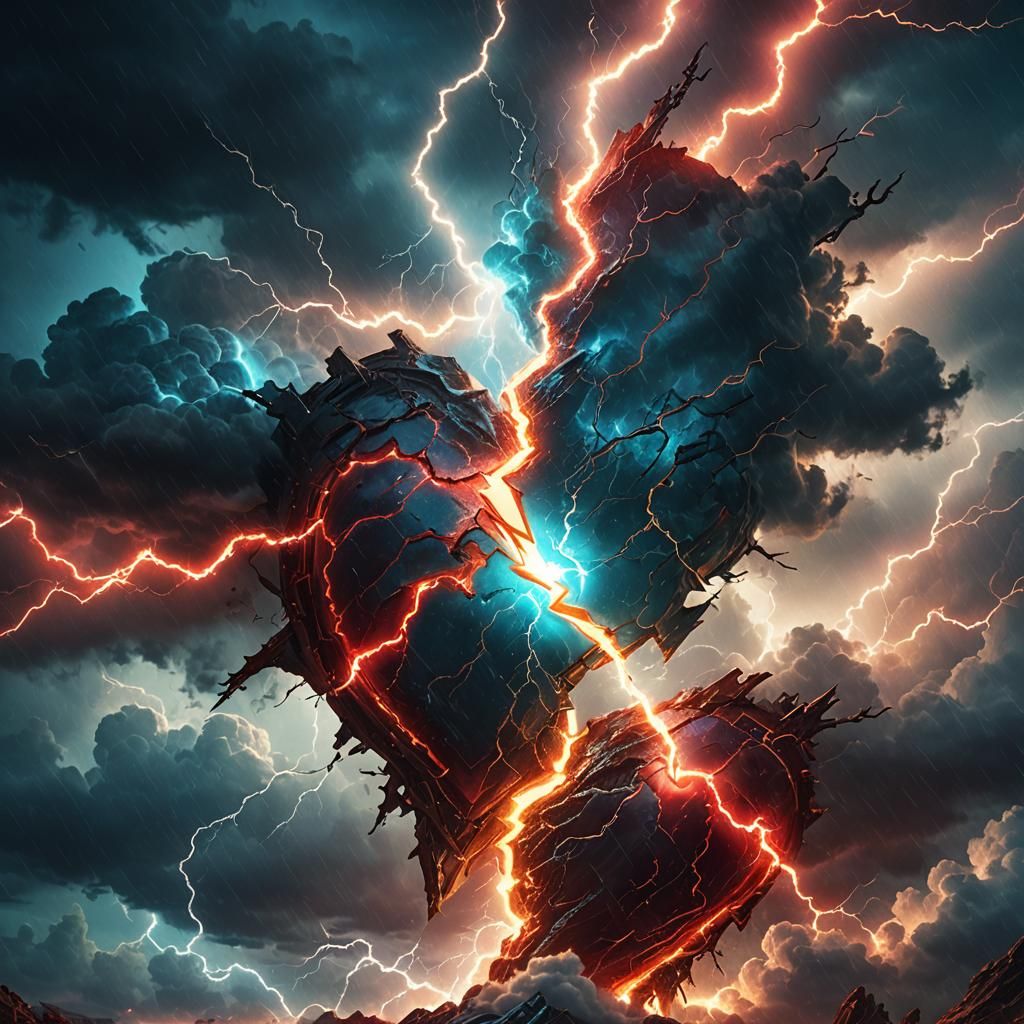 Red Lightning Heart in Fantasy Landscape