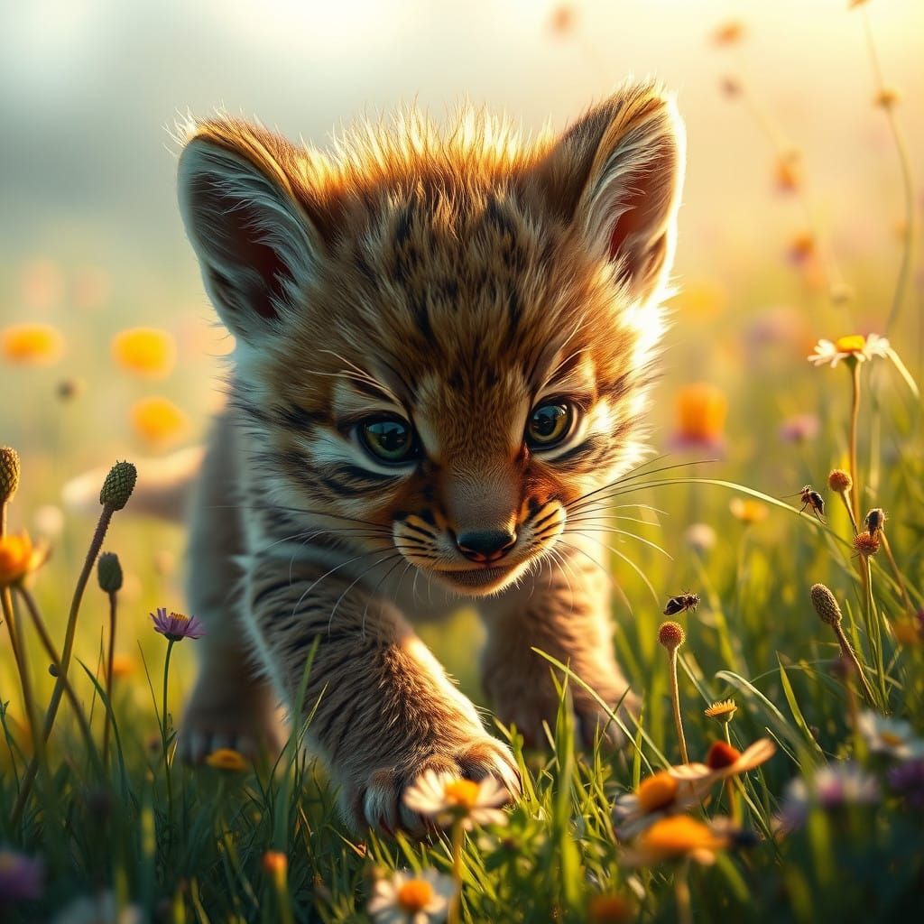 Curious Cub Explores Vibrant Wildflower Meadow in Hyperreali...