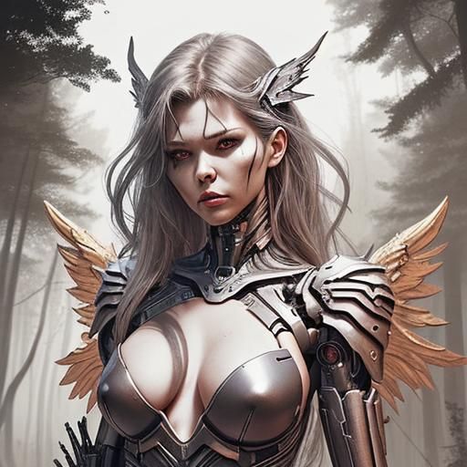 Imagine a dark fantasy cyborg angel, her body built for batt...