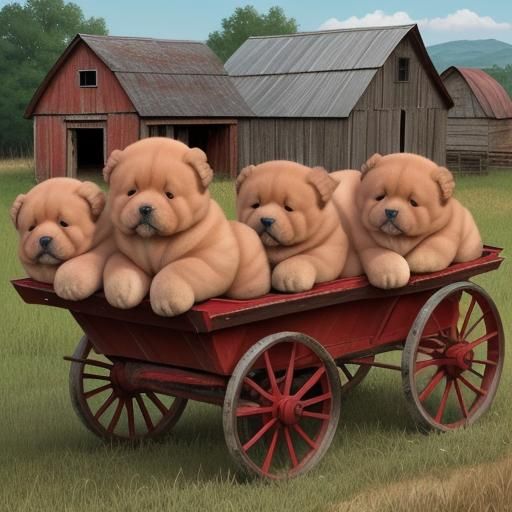 Chow Chow Puppies in a Red Wagon
