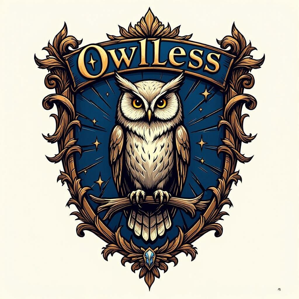 Owlless House Crest: Owl Mascot in Blue and Bronze