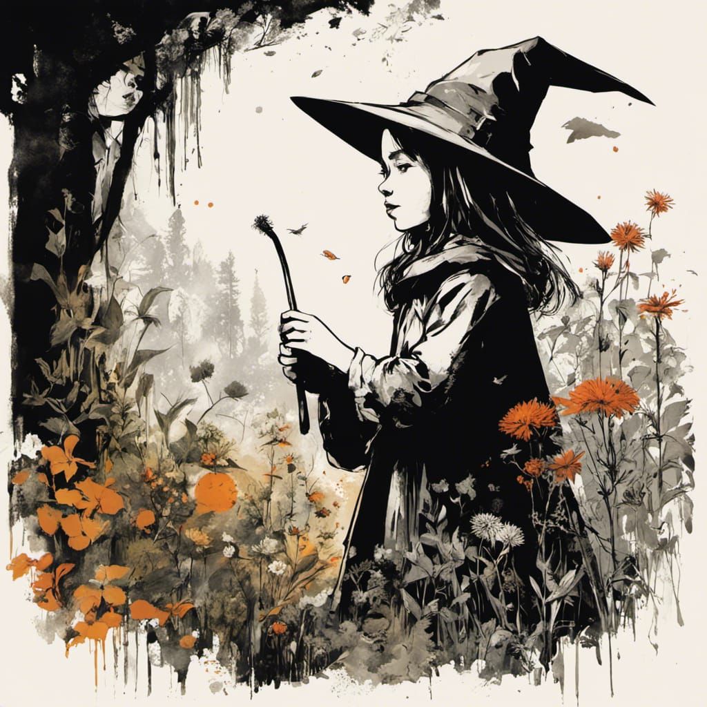 Whimsical Witch in Magical Garden, Charcoal and Collage Styl...