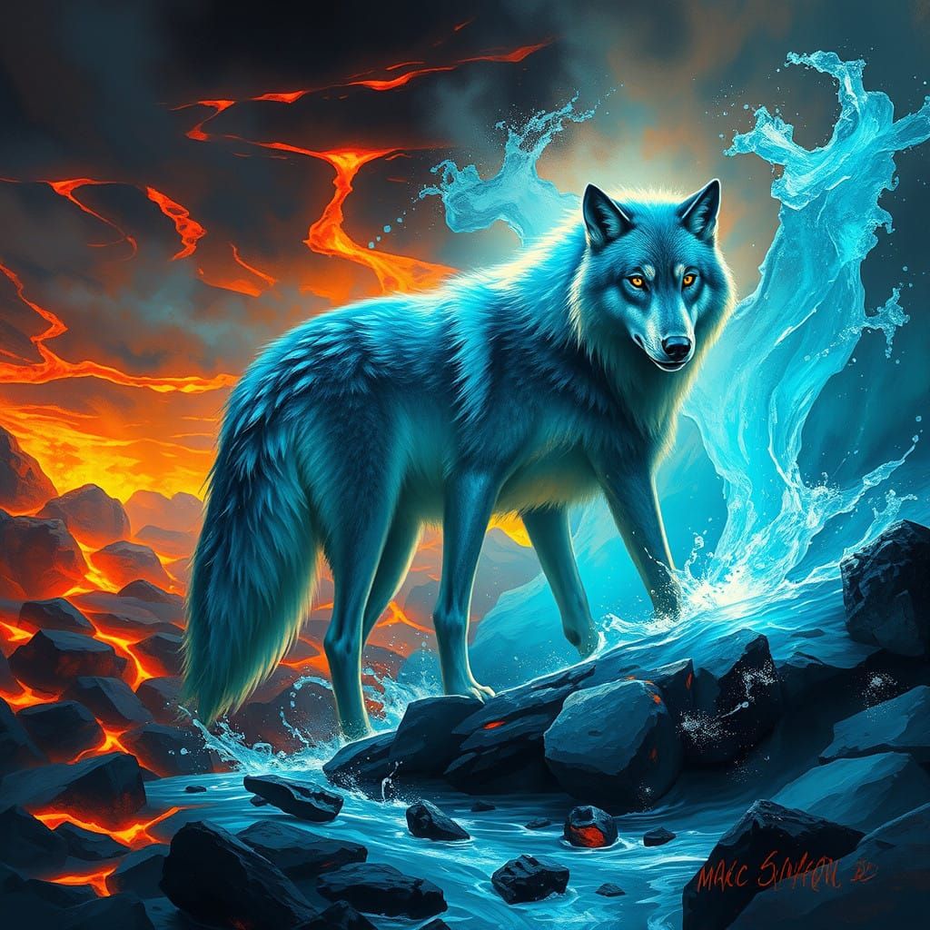Majestic Wolf Surrounded by Ethereal Water and Lava