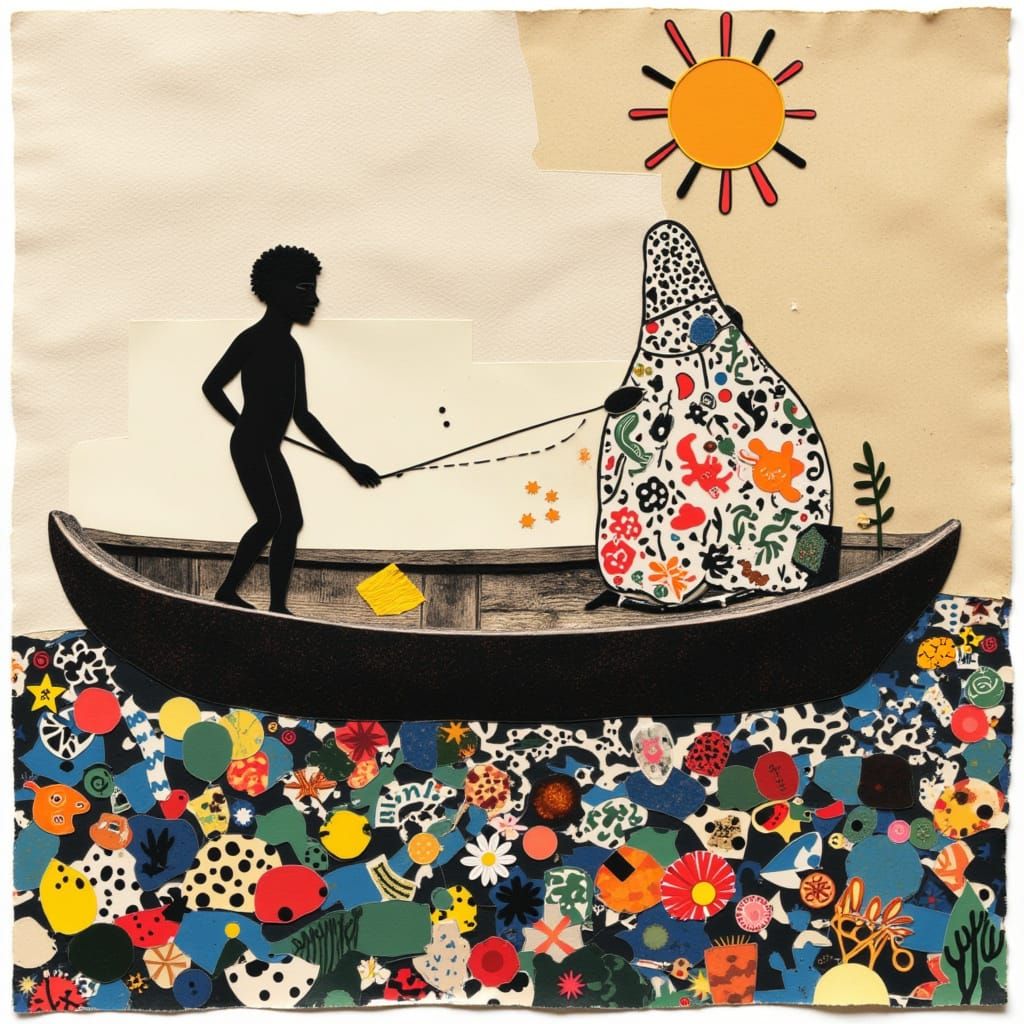 Fisherman in Abstract Sea as Paper Collage Art