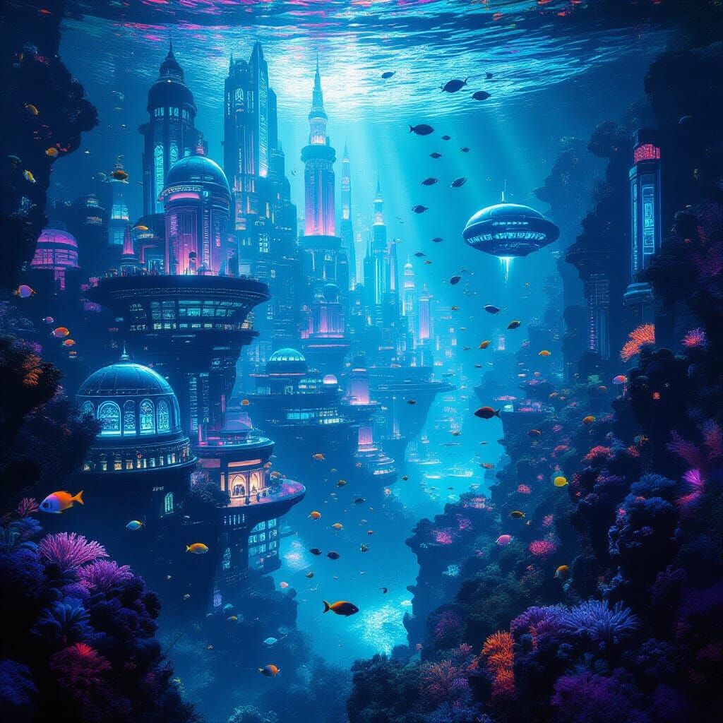 Vibrant Underwater Metropolis With Bioluminescent Flora