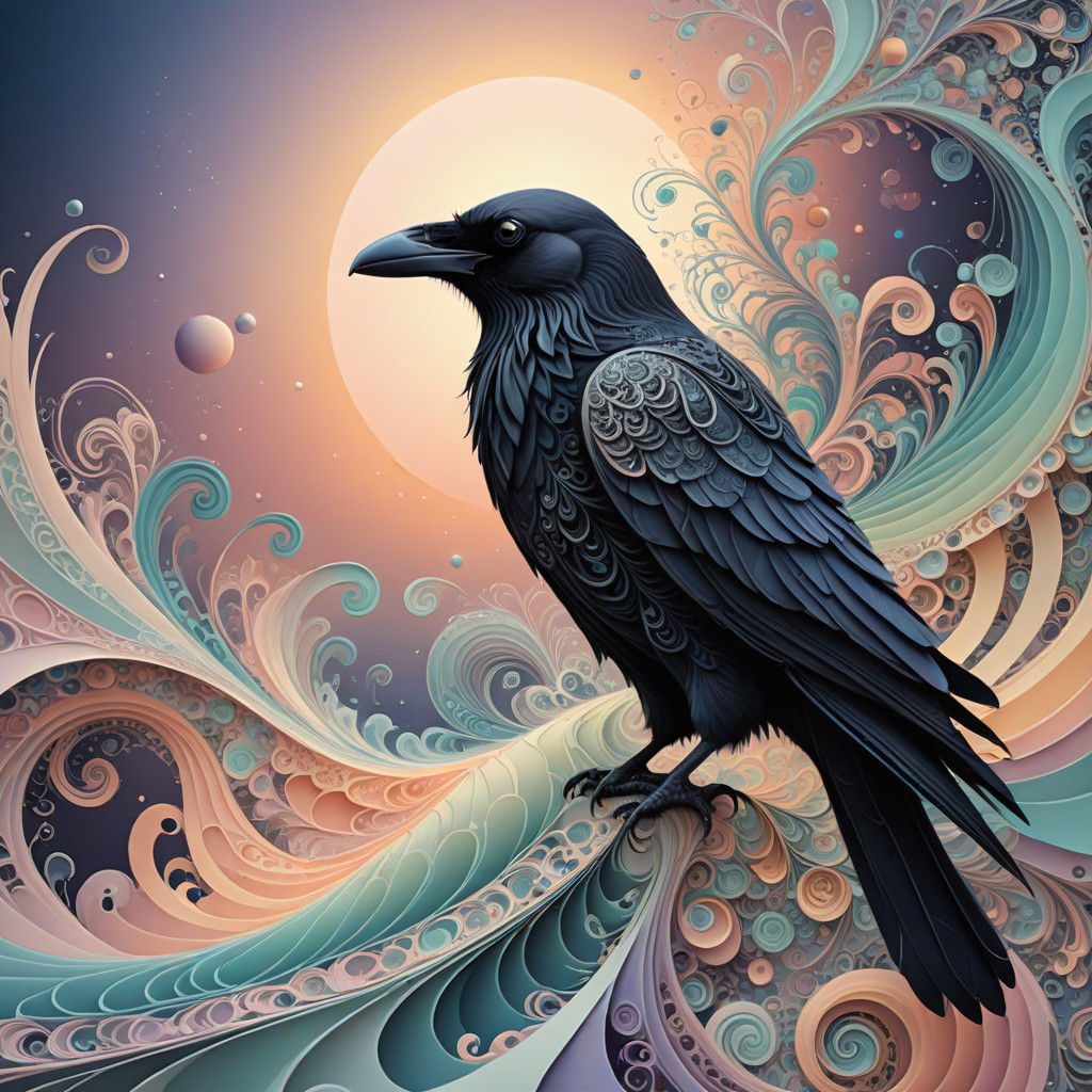 Surreal Raven in Soft Pastel Haze, Fractal Geometry Swirls