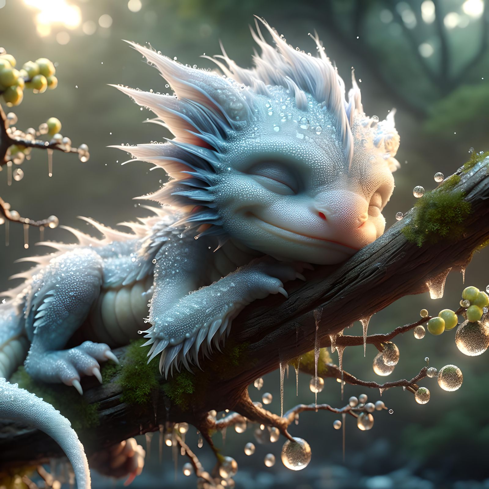 Adorable Blue Dragon Sleeps Peacefully in Forest: CGI Art