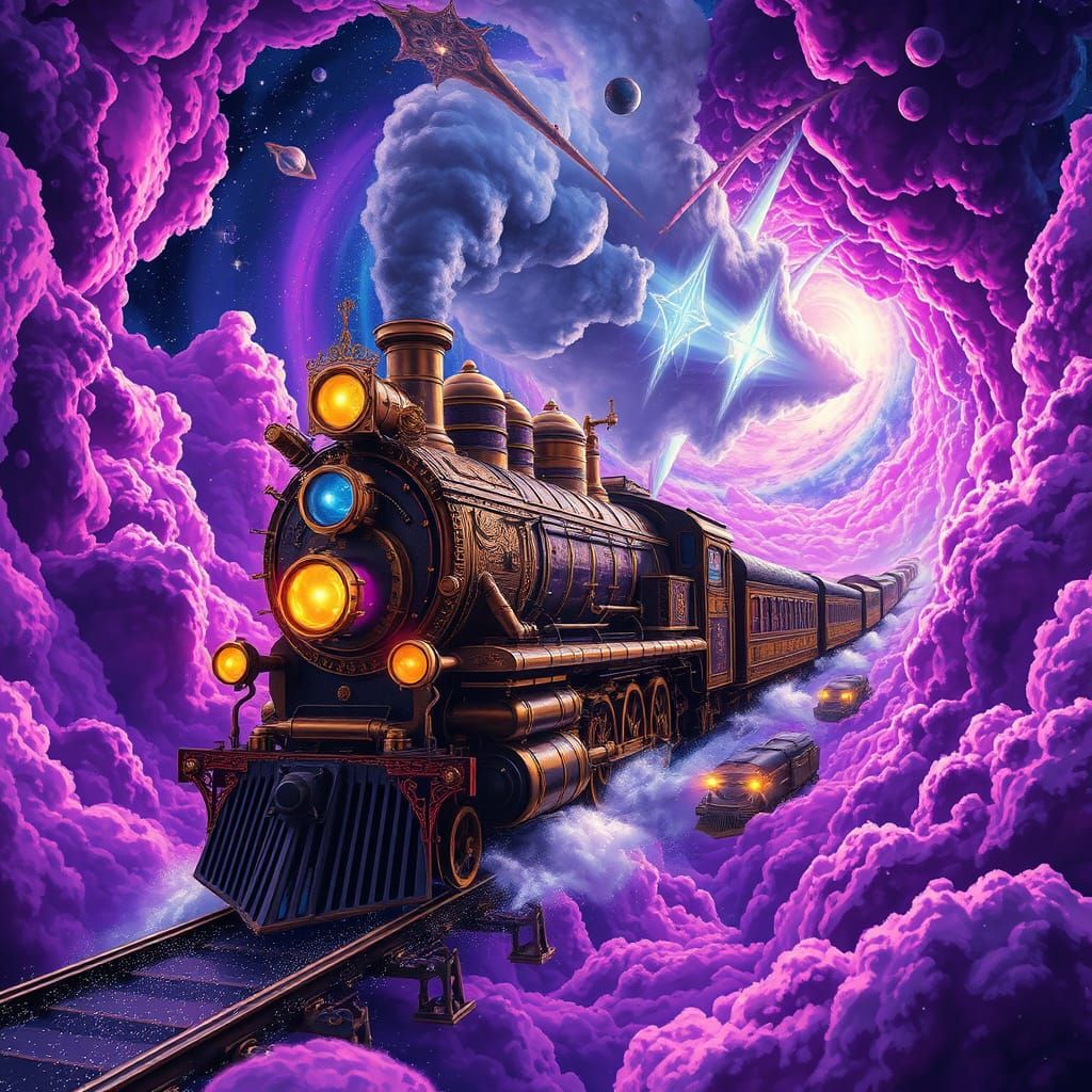 Epic Steampunk Train in Cosmic Vortex