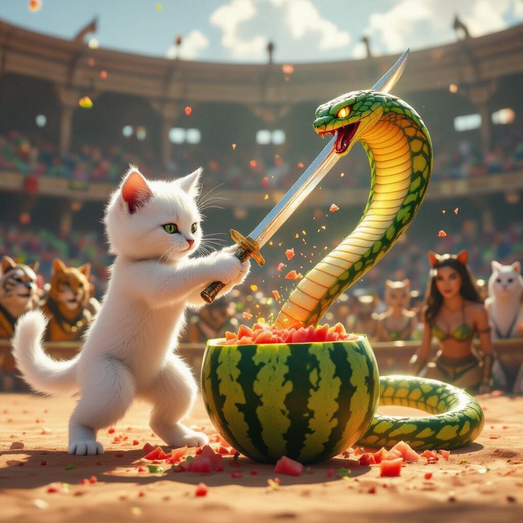 White Kitten Master Strikes Watermelon in Alien Cat Style