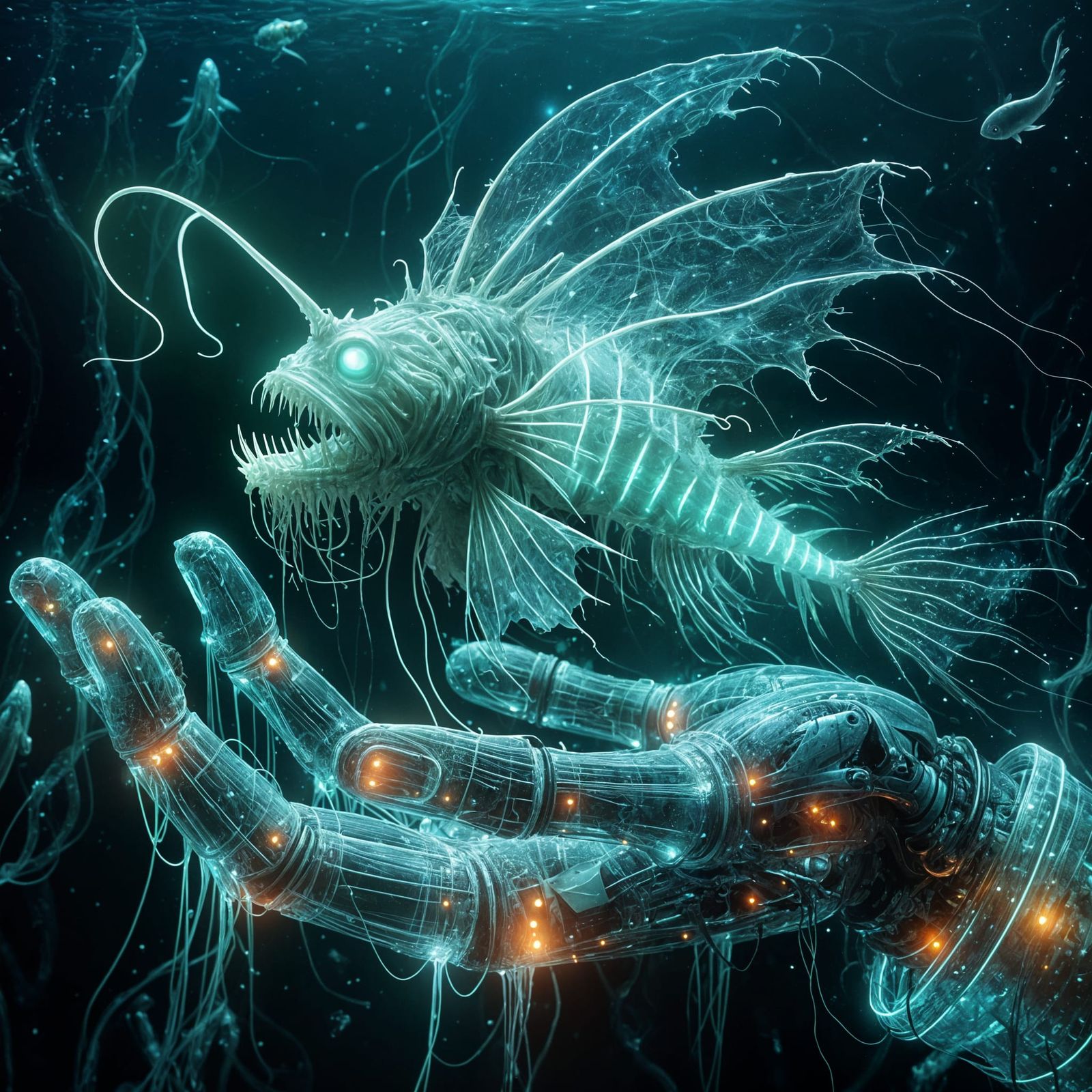 Bioluminescent Angler Fish Held in Holographic Hands