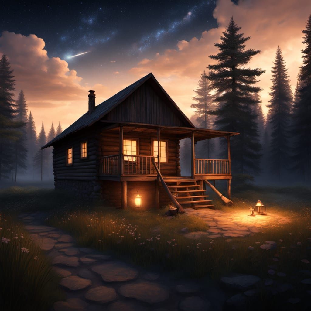 Child Gazes at Starry Night Sky from Rustic Cabin