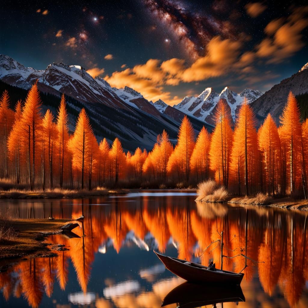 Nomad Campfire Under Starry Sky Reflected in Lake