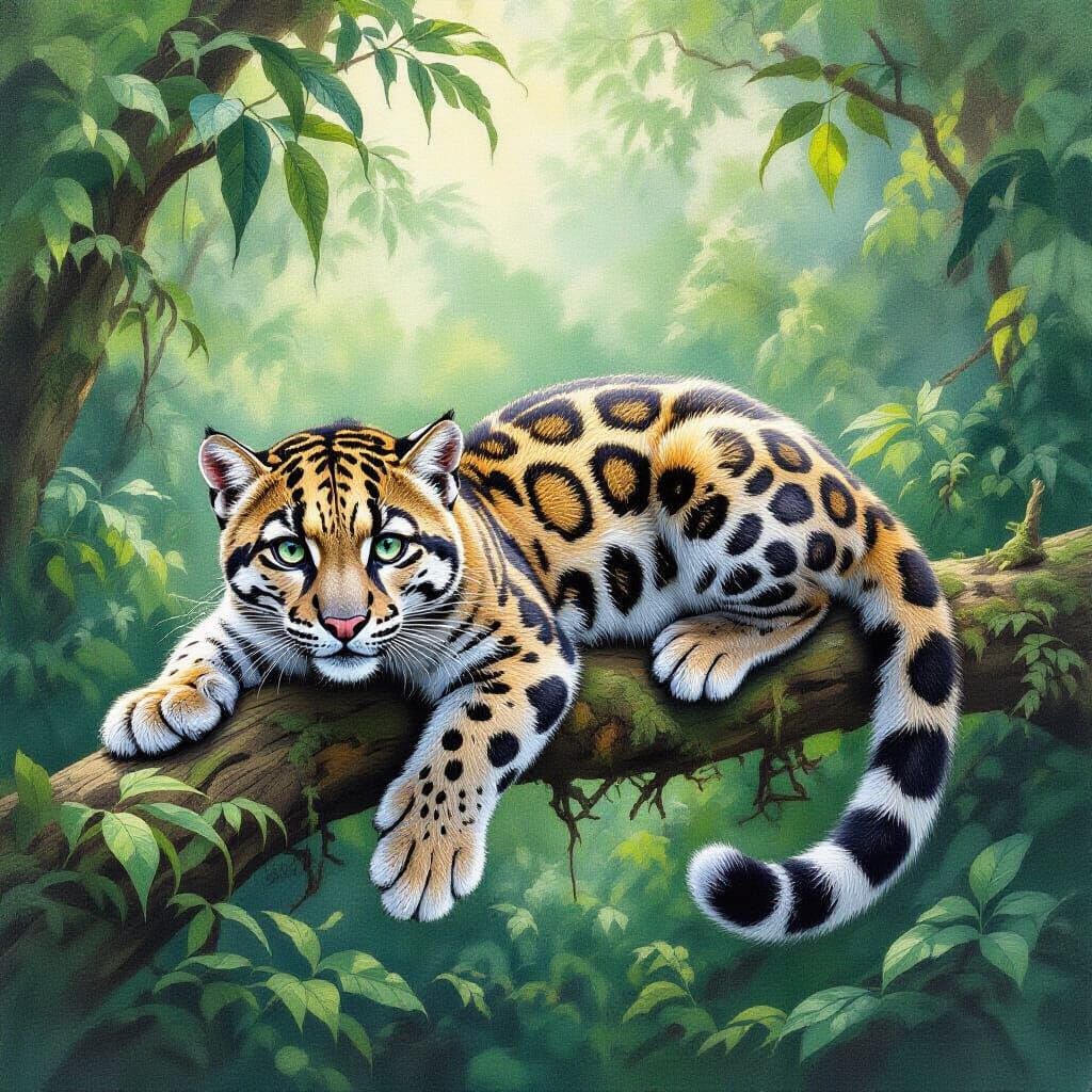 Clouded Leopard in Rainforest Foliage, Graphite and Colored ...