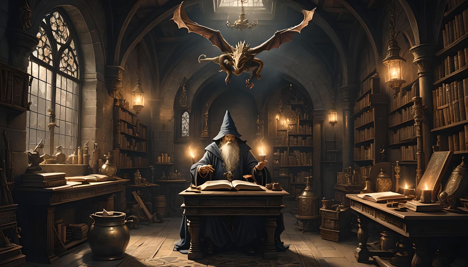 Wizard Reading Book in Dark Castle Hall