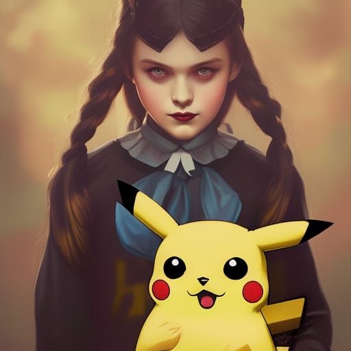 Wednesday Addams and Pikachu: Hyperdetailed Concept Art