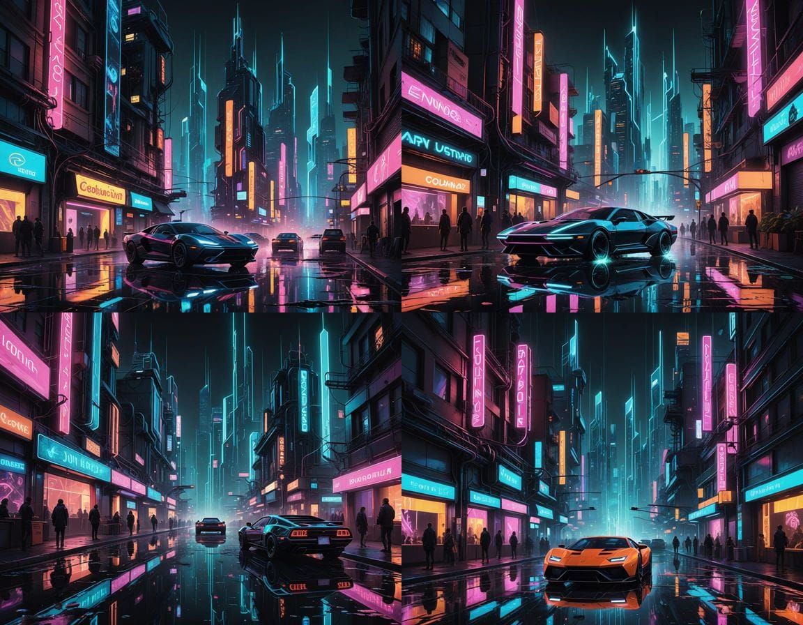 Glowing Neon Fountain in Cyberpunk City