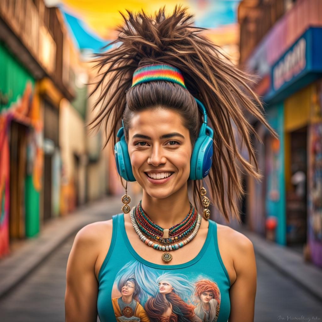 Mexican Woman with Crazy Hairstyle in Cyberpunk Style