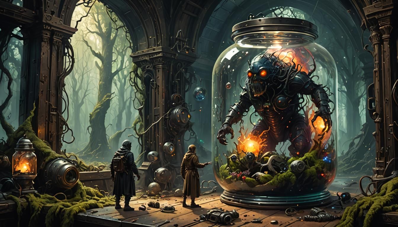 Dieselpunk Monster in Jar with Nebulae, Digital Illustration