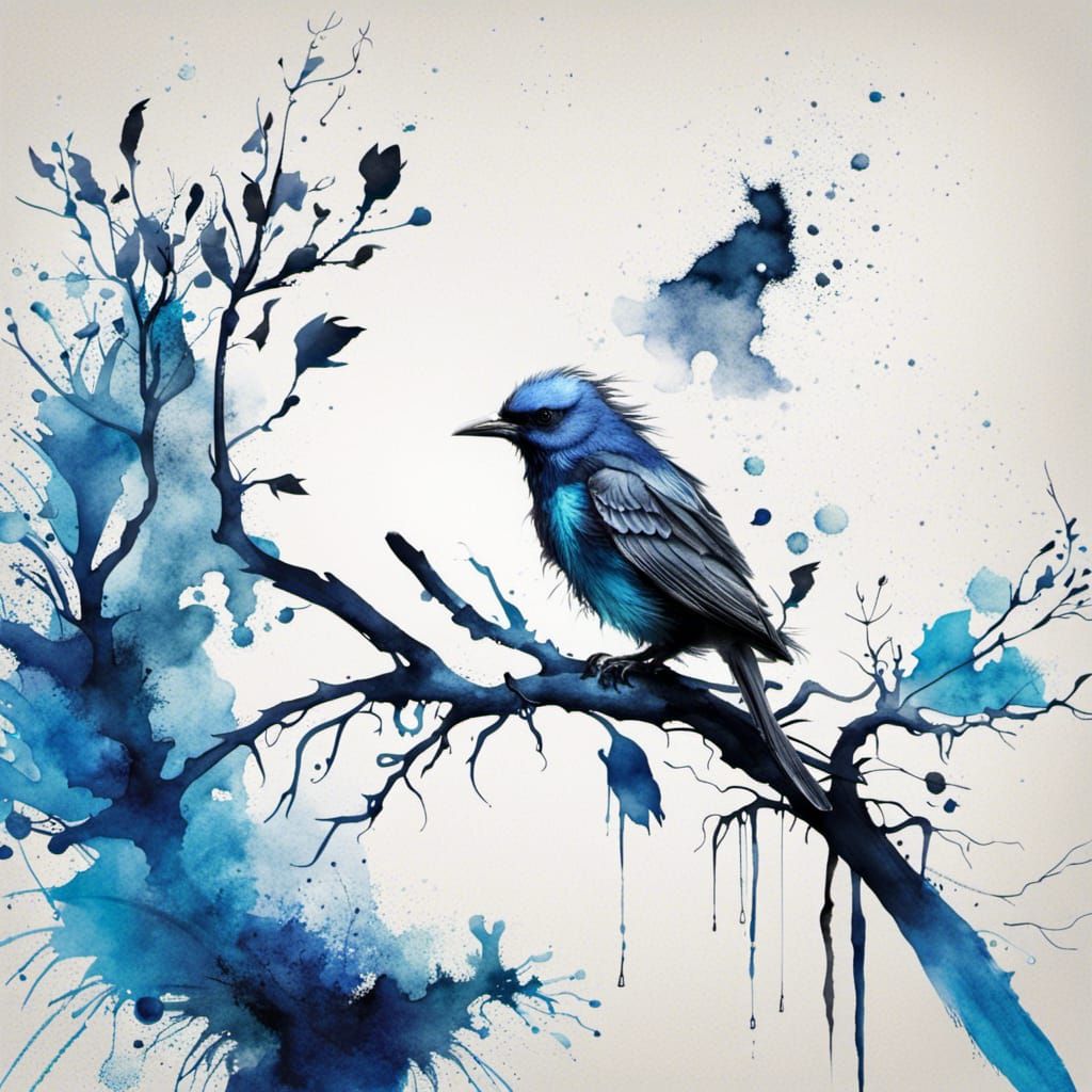 Blue Bird on Branch: Splash Art in Watercolor
