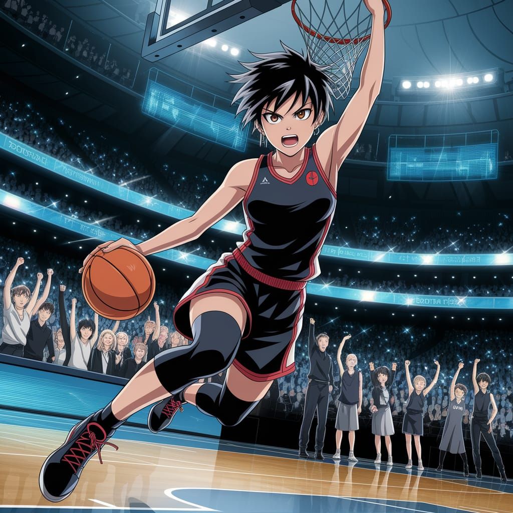 Anime Basketball Player Slam Dunk in Futuristic Arena