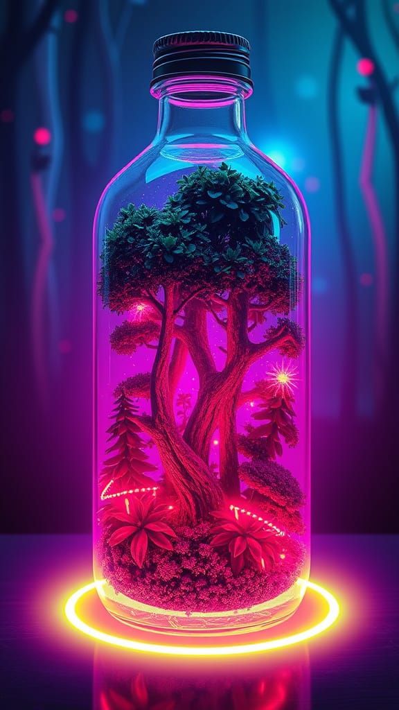 Forest Ecosystem Inside Glass Bottle in Synthwave Style