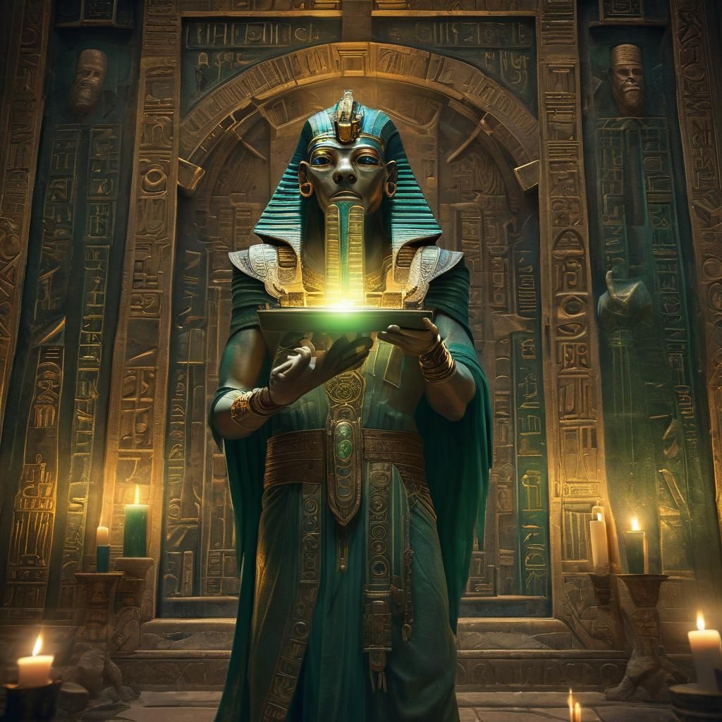 Thoth with Emerald Tablets in Mystical Temple