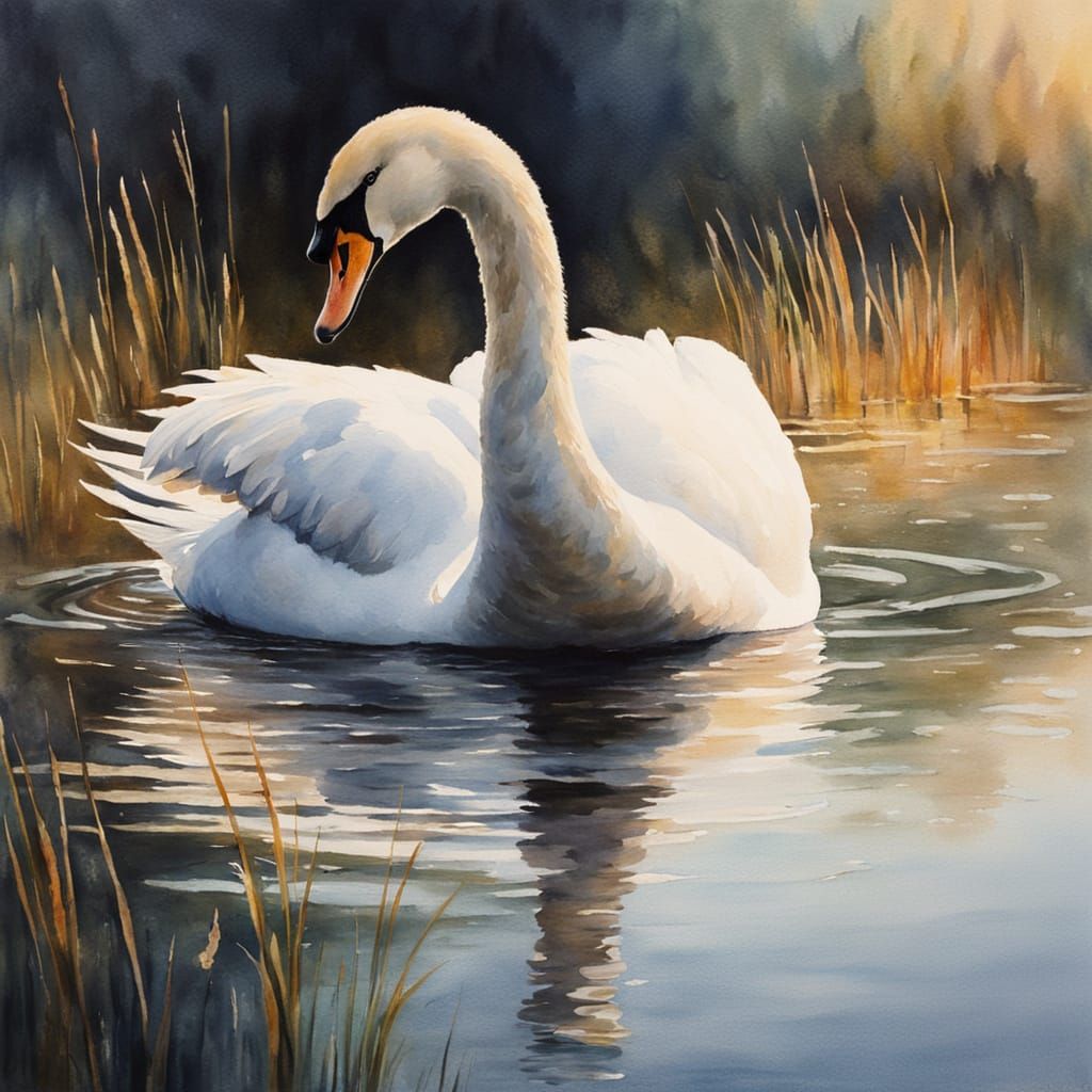 Swan in Lake: Watercolour Painting with Soft Lighting