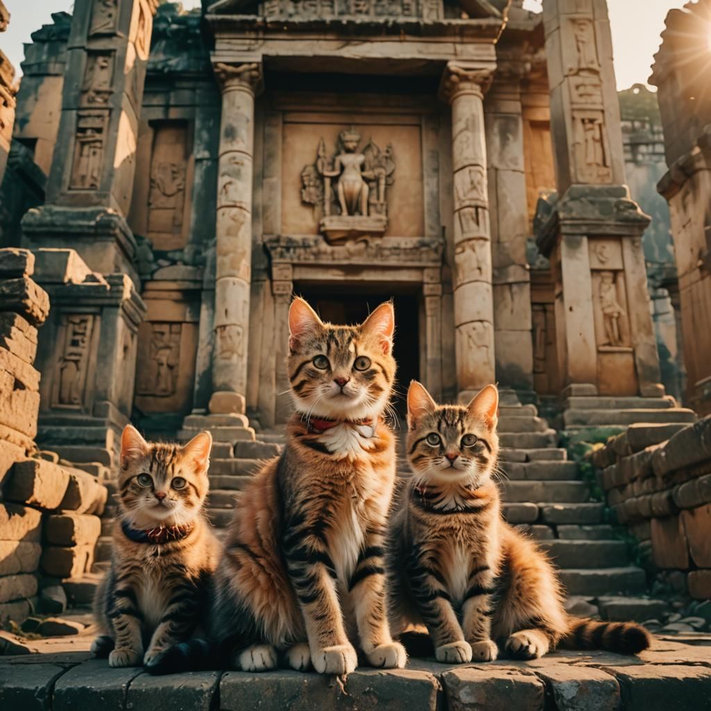 Kittens on a Throne in Ancient Temple Ruins