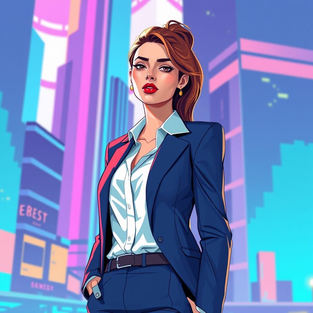 Successful Woman in Cityscape, Vibrant Art Style