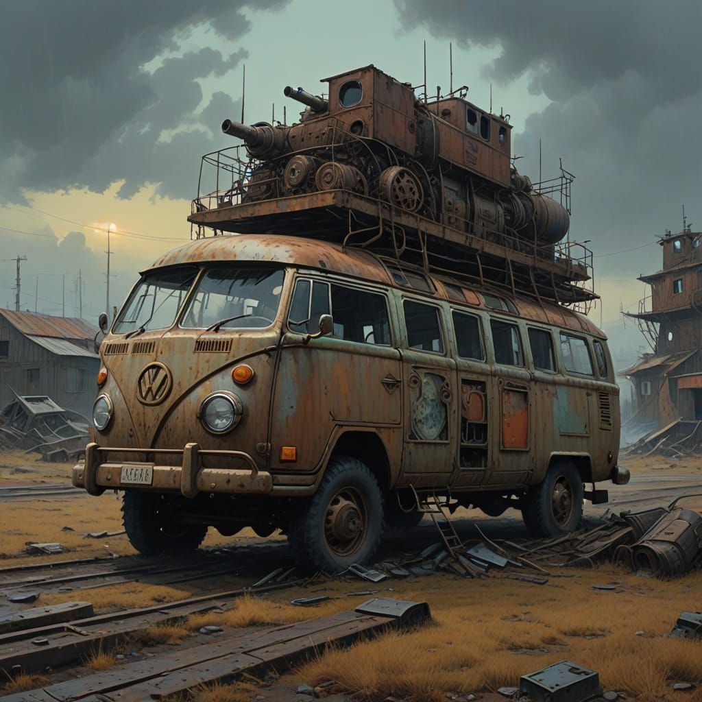 Weathered VW Bus T1 in a Desolate, Steampunk-Inspired Wastel...
