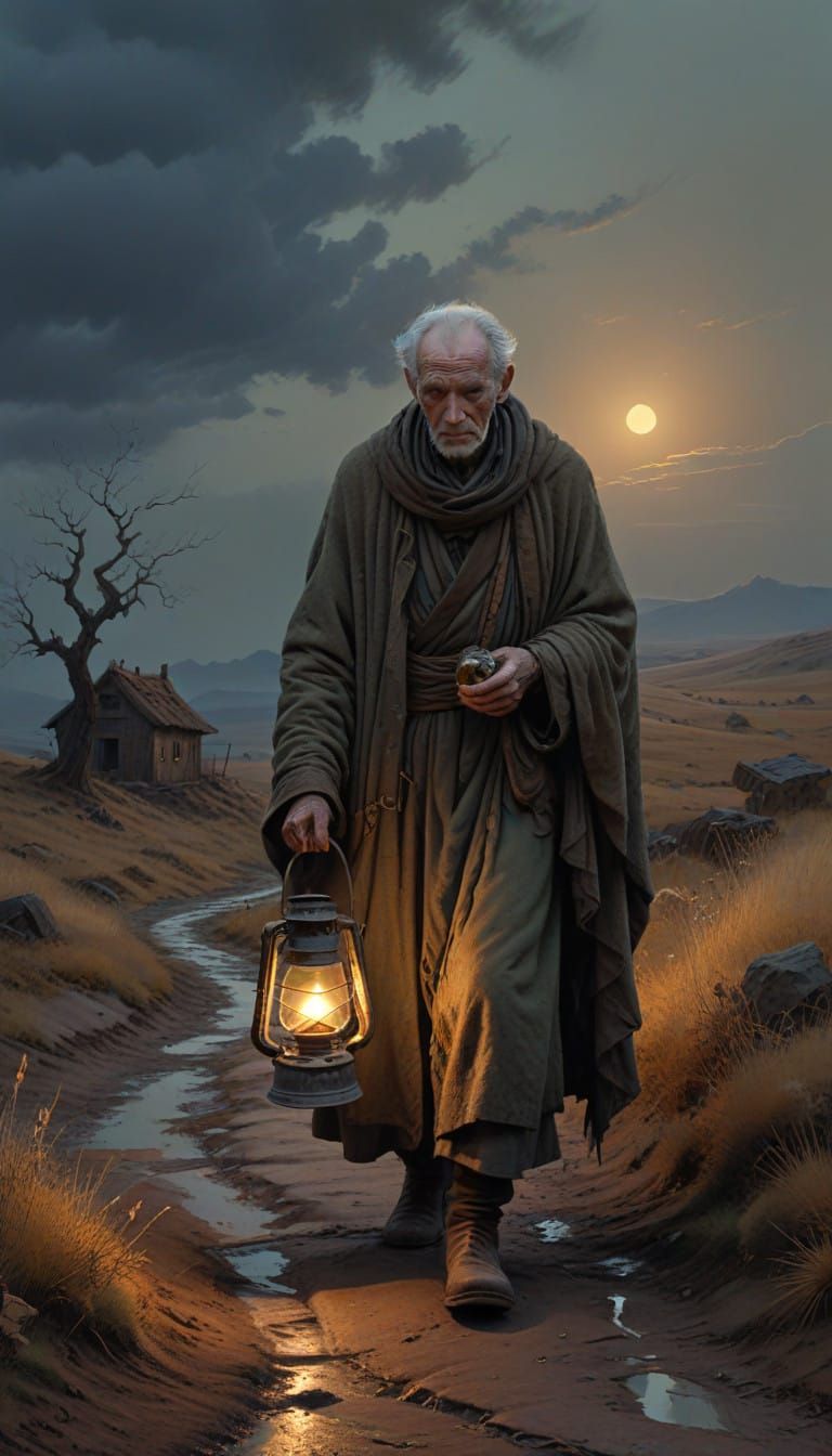Elderly Visionary Walks a Lonely Twilight Path