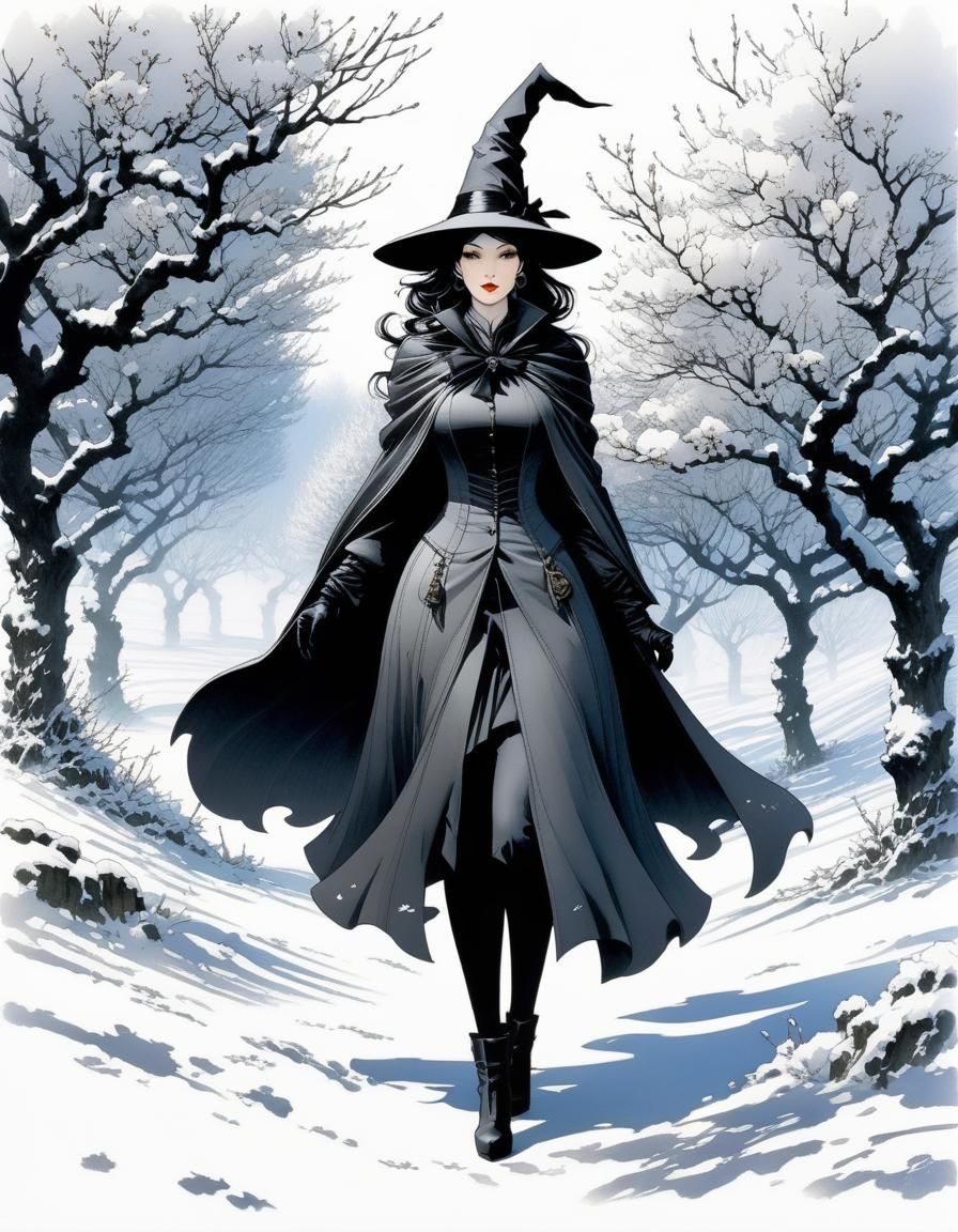 Cute Witch in Winter Orchard Ink Art