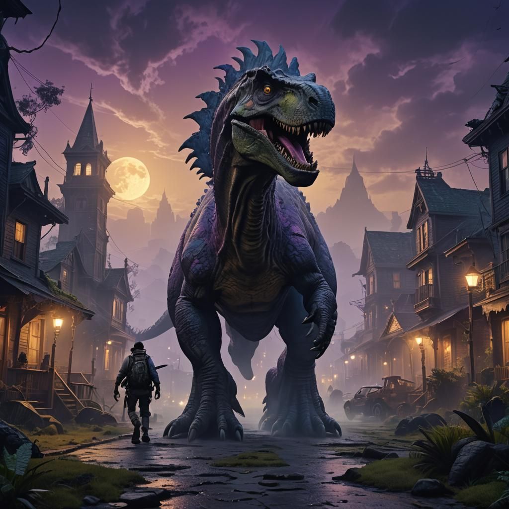 Dinosaur in Haunted Town: Cinematic Concept Art