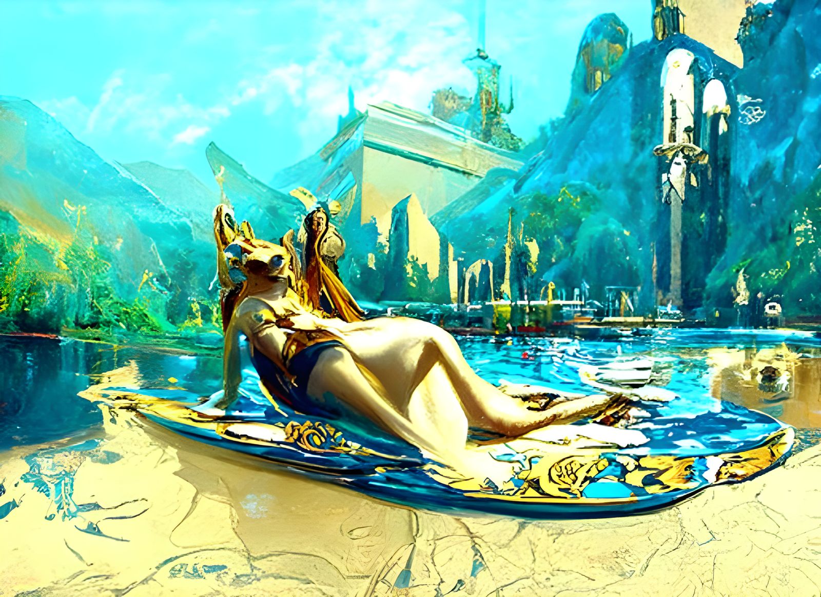 Pool lake vixen vacation power tarot oil painting by James Gurney sinister by Greg Rutkowski Unreal Engine detailed matt...