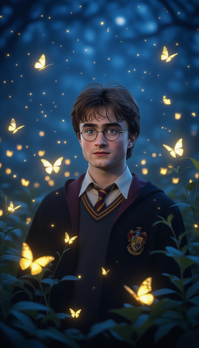 Harry Potter Surrounded by Fireflies, Cinematic Film Still