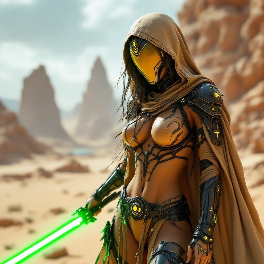 Glowing Warrior Empress in Futuristic Desert Landscape
