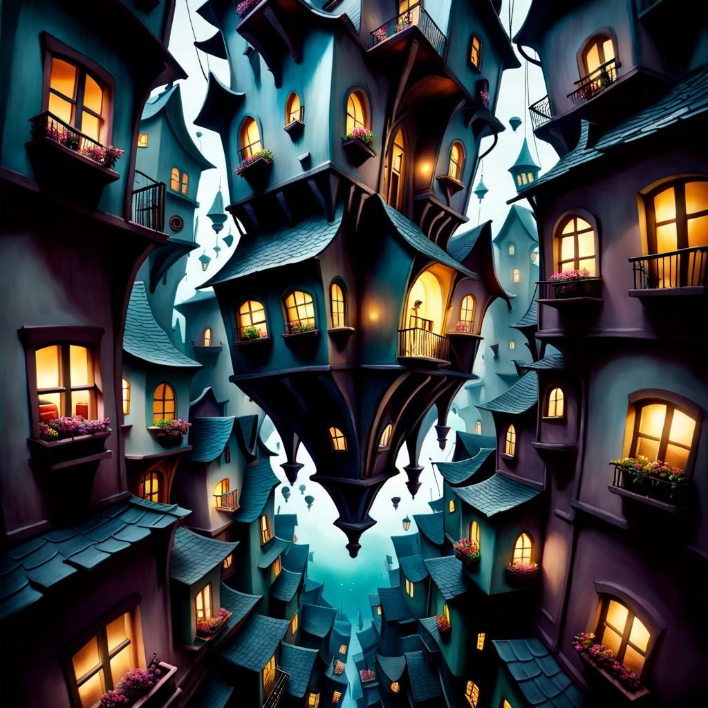 Whimsical Upside Down Cityscape in Burton Style