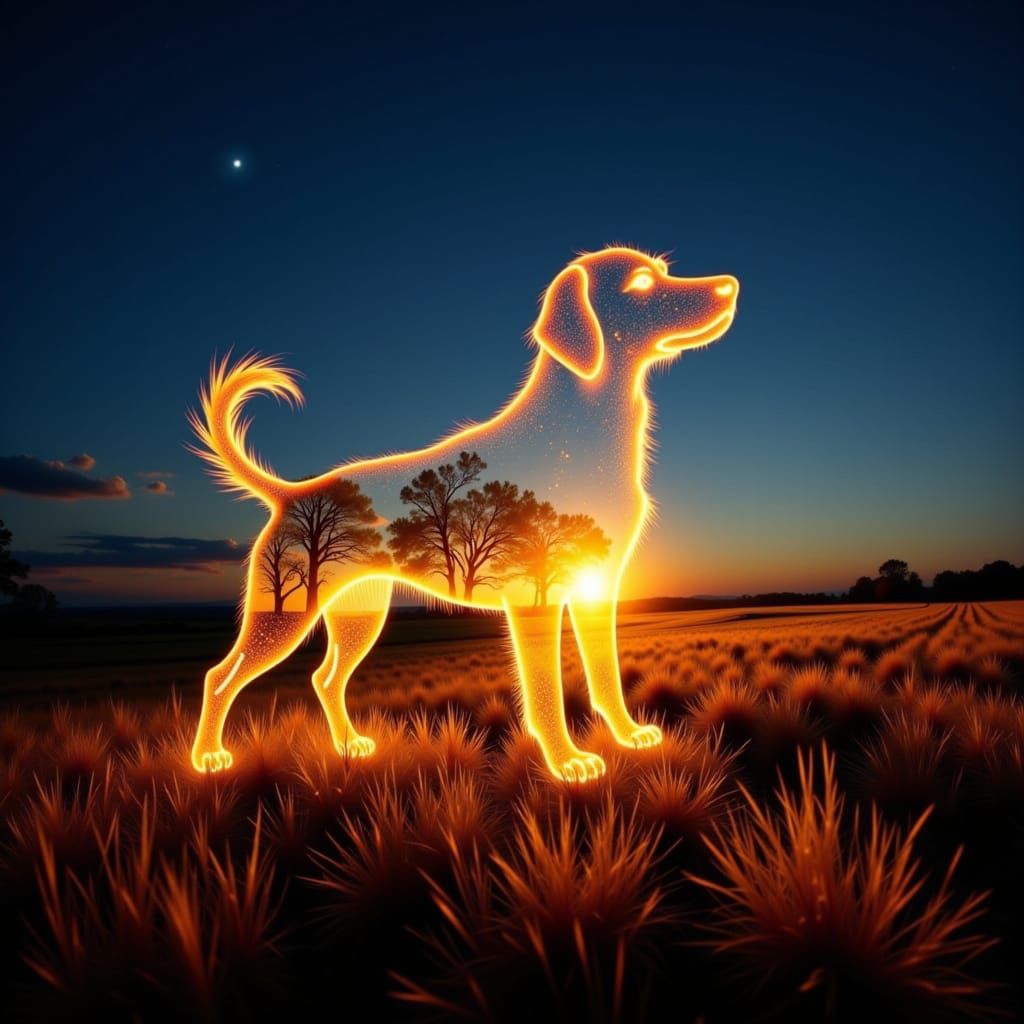 Dog Outline Filled with Sunlit Field in Light Sculpture Styl...