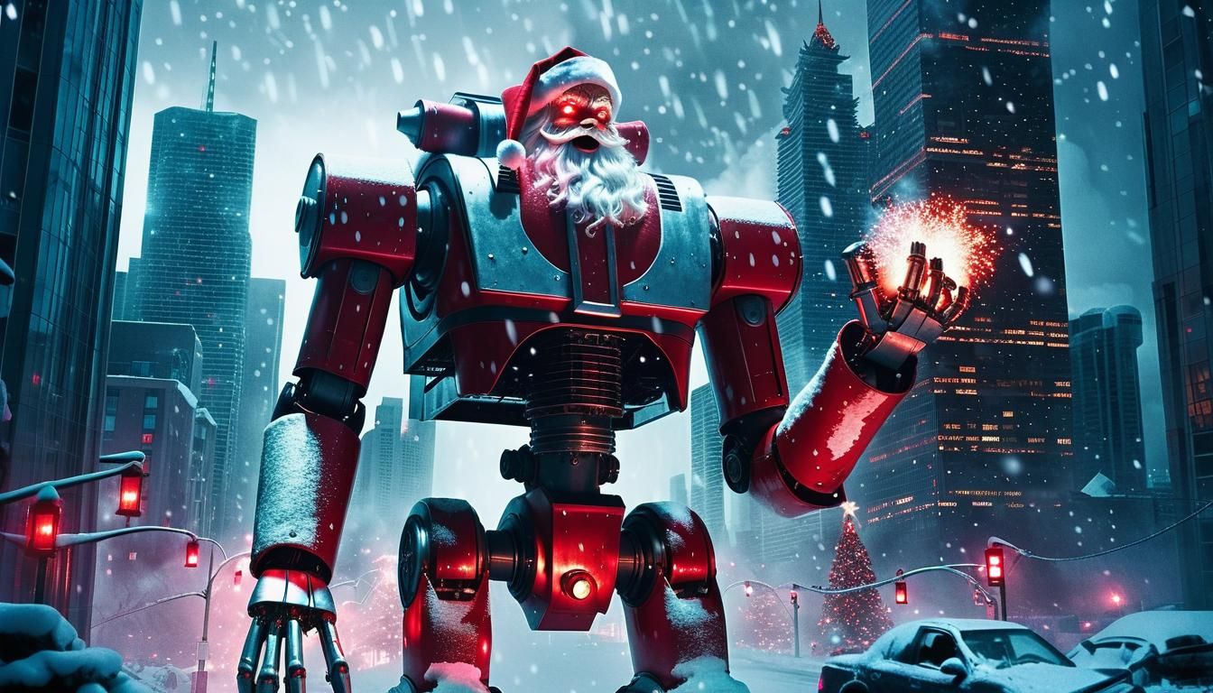 Giant Robot Santa Claus Destroys City in Retrofuturism