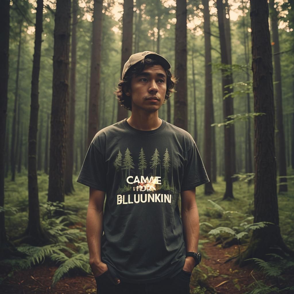 Cinematic T-Shirt in Misty Forest with Vintage Film Look