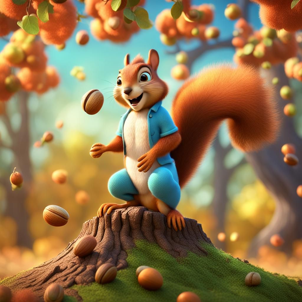 3D Squirrel Storing Nuts: Pixar-Style Digital Art