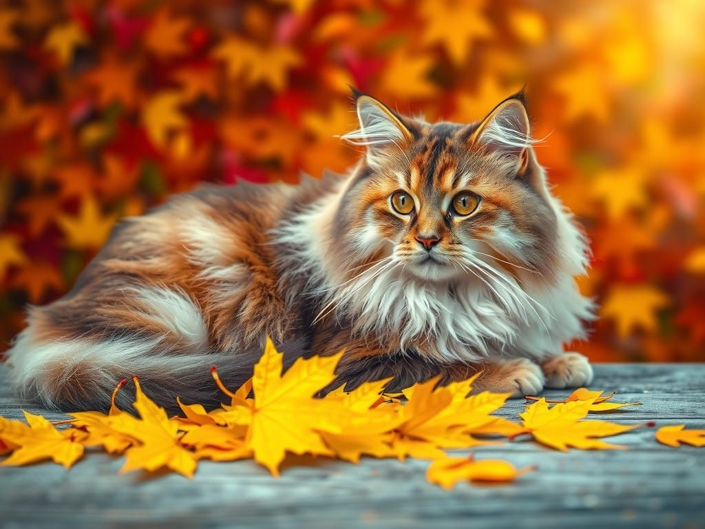 Fluffy Cat with Golden Eyes Amidst Autumn Leaves