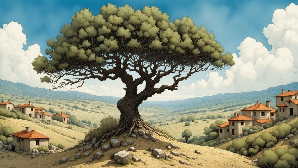 Greek Island Olive Tree in Impressionist Style