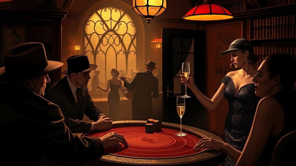 1920s Speakeasy Poker Game in Film Noir Style