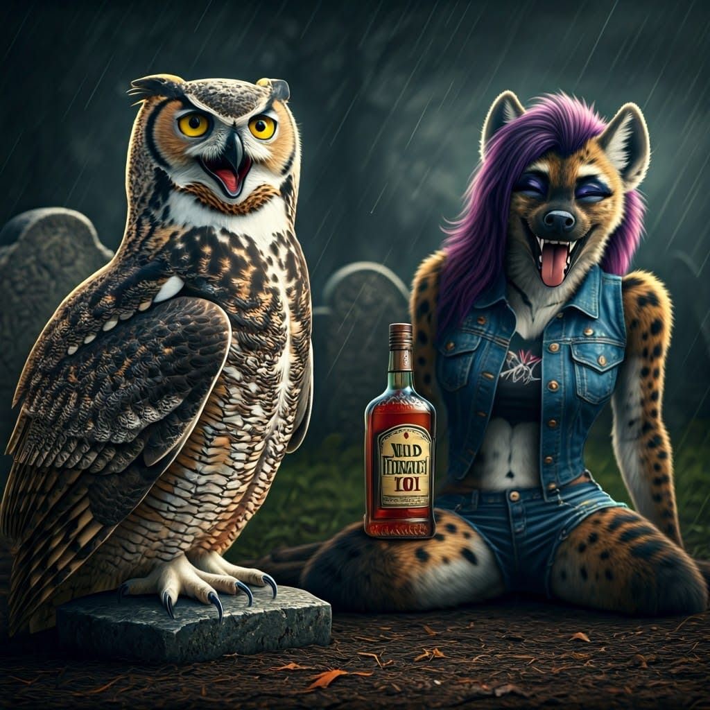 Great Horned Owl and Hyena in Graveyard