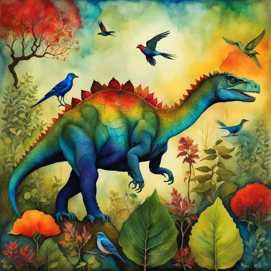 Dinosaur in Prehistoric Landscape, Alcohol Ink Style